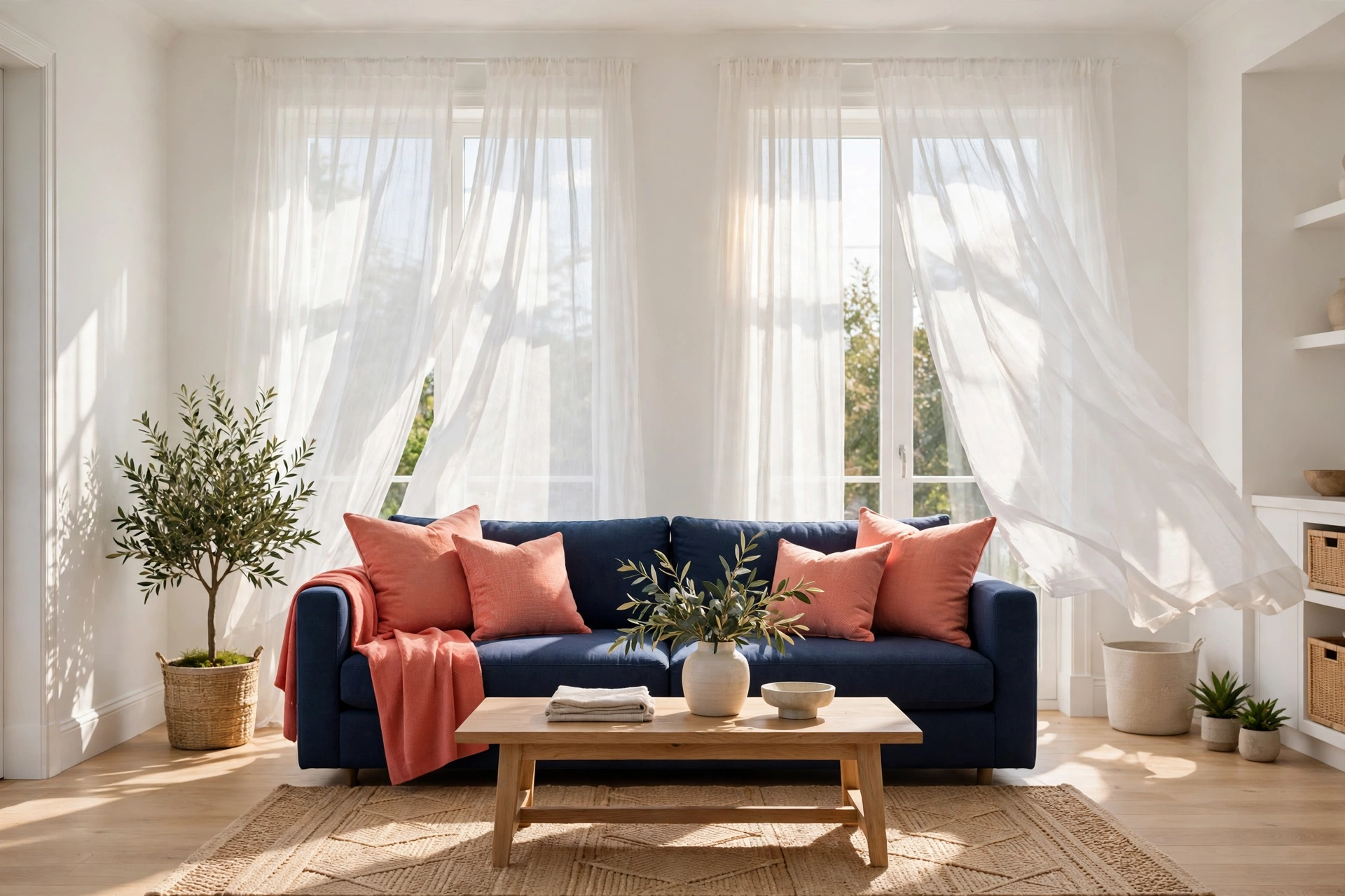 Sheer white curtains in a bright living room
