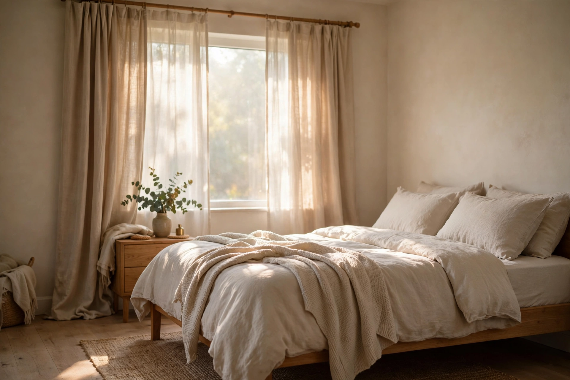 Cozy bedroom with soft beige curtains in morning light