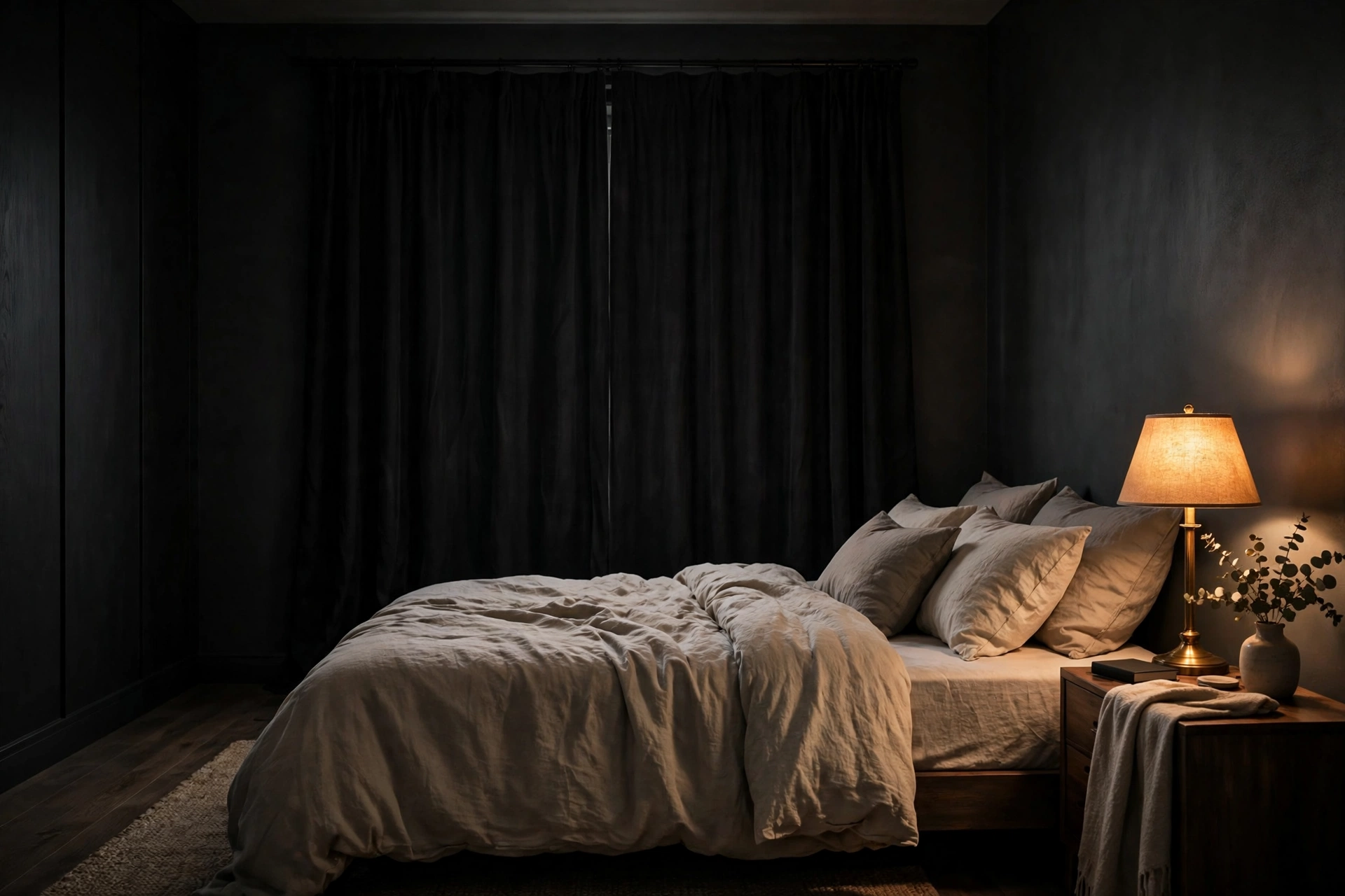 Blackout curtains closed in a dark bedroom