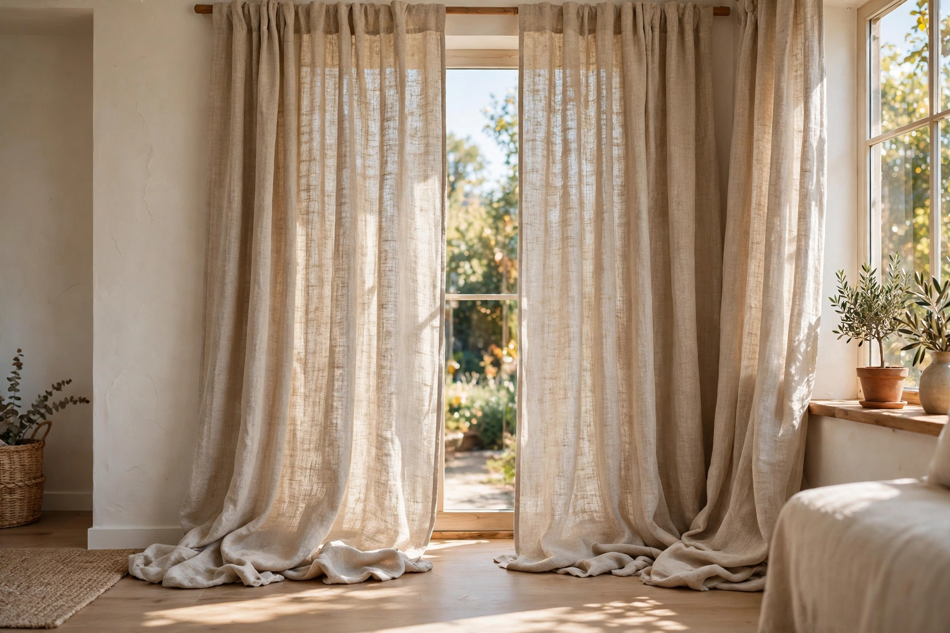 Natural beige linen curtains in a sunny room