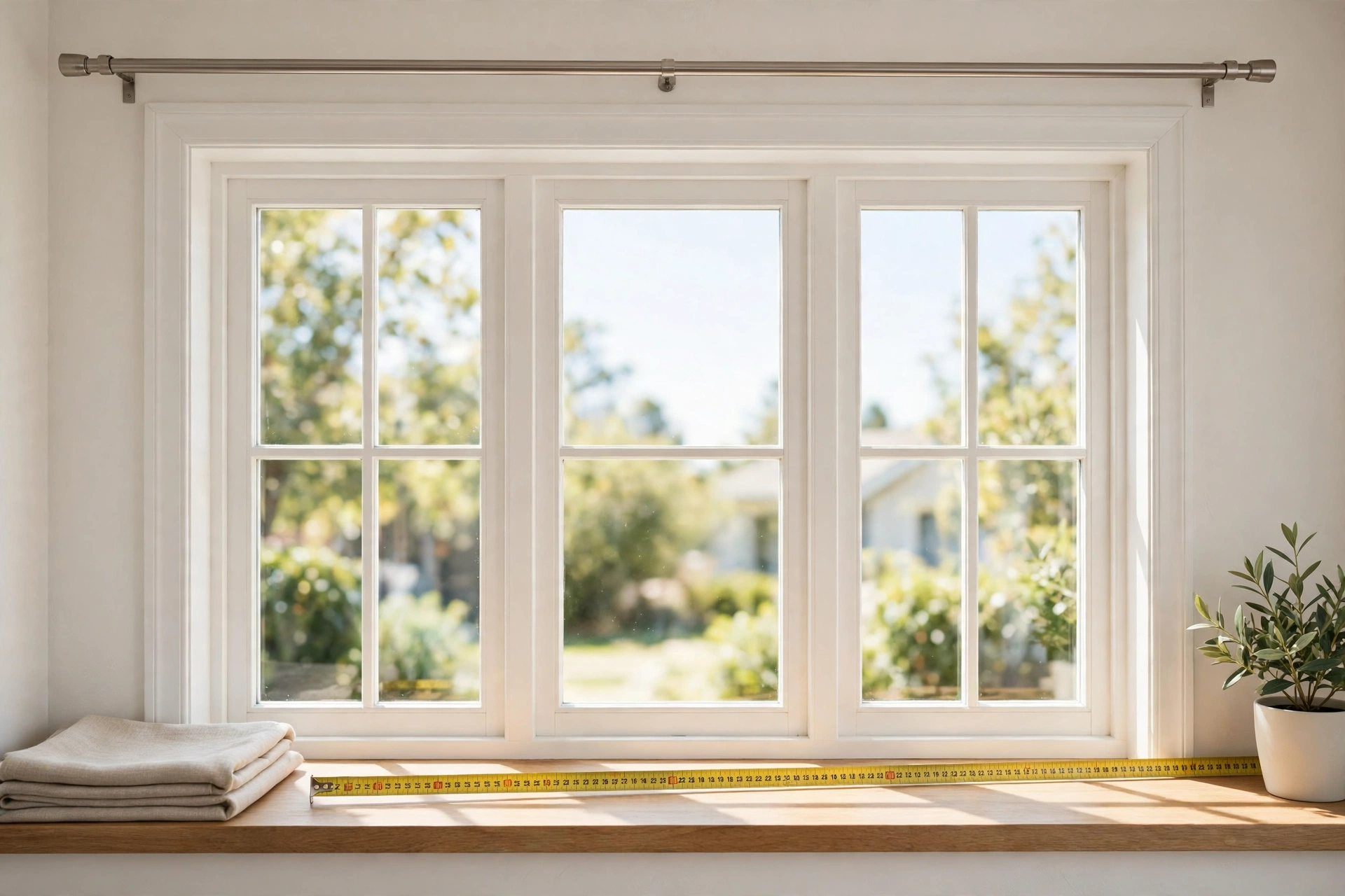 Window with a curtain rod and measuring tape