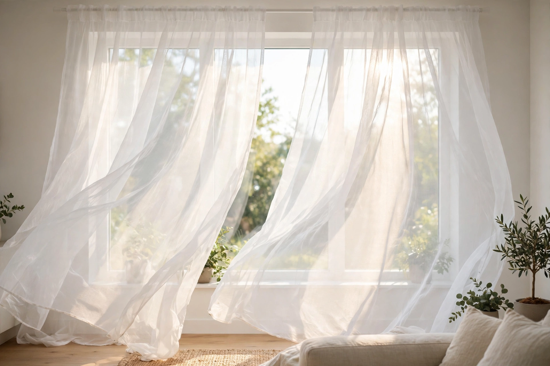 White sheer voile curtains in bright daylight