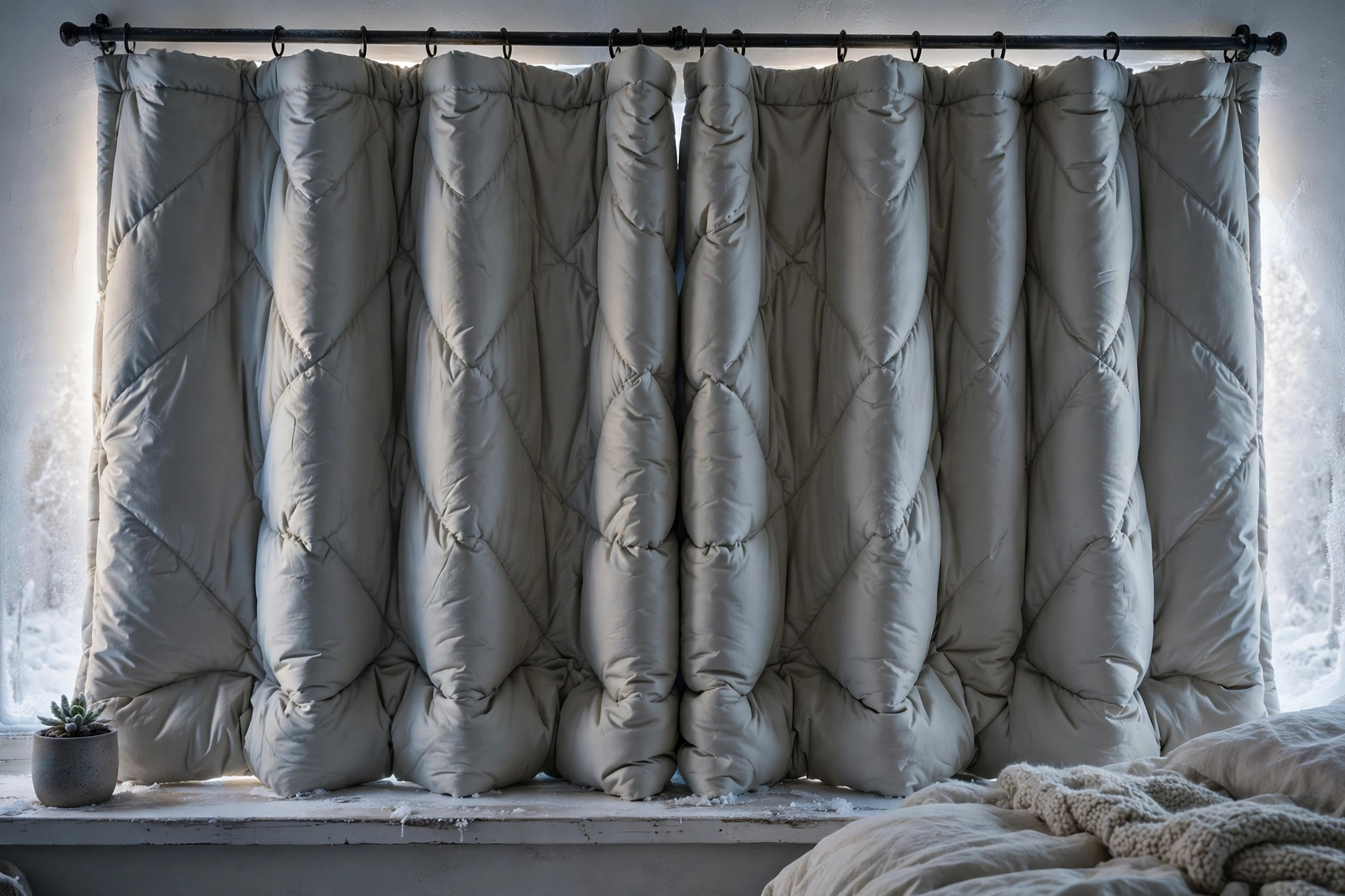 Thick thermal curtains over a cold bedroom window