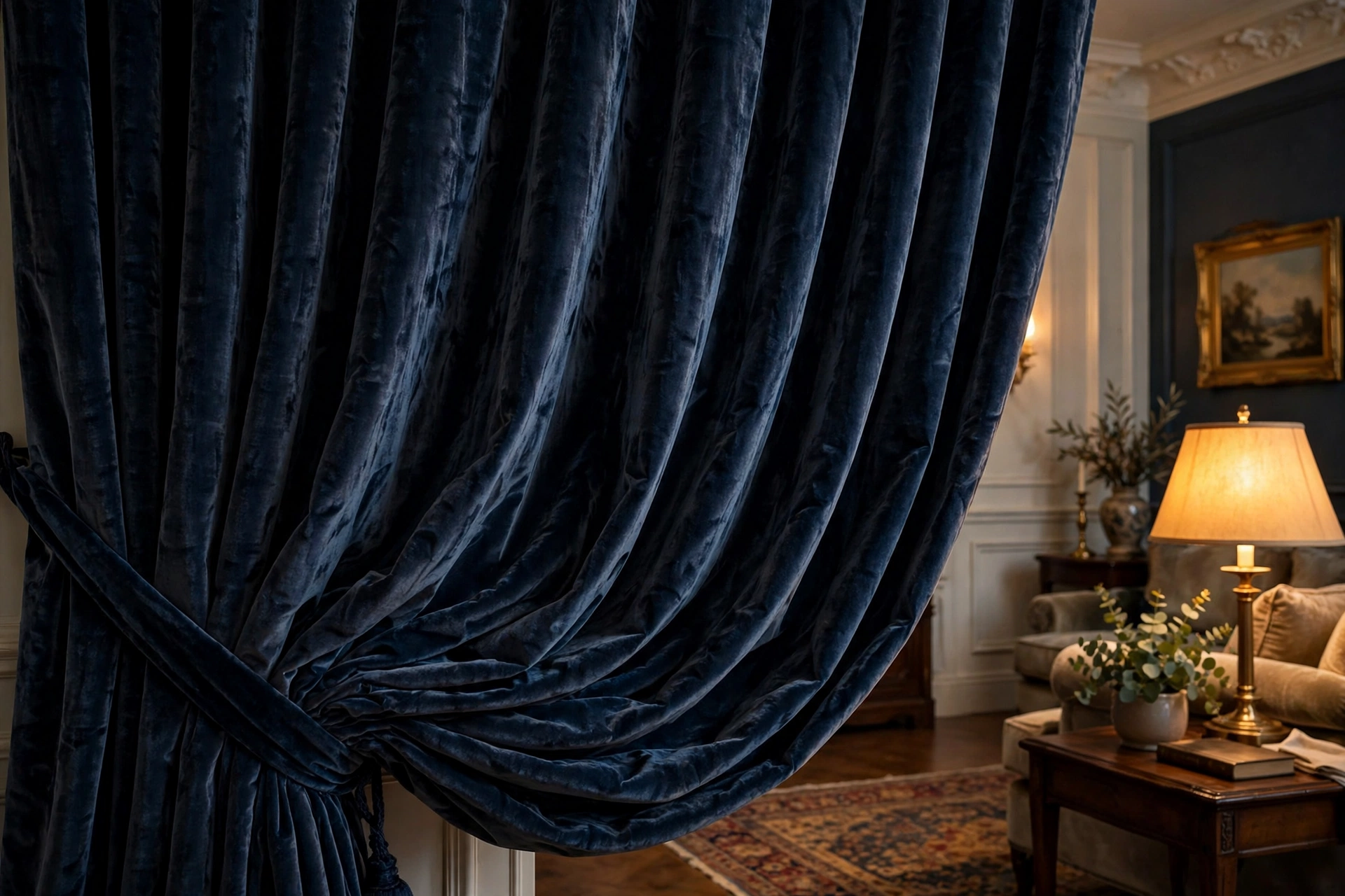 Deep velvet curtains in a formal living room