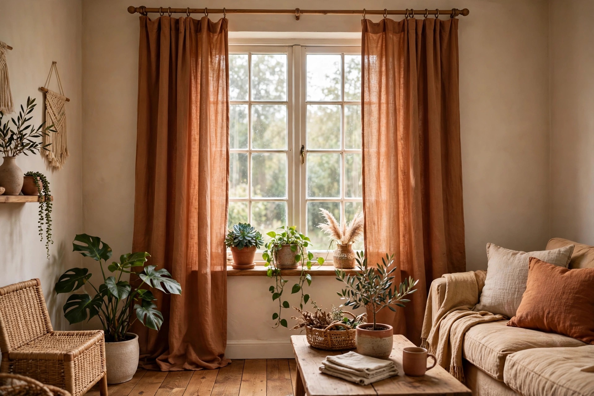 Terracotta linen curtains in a warm living room