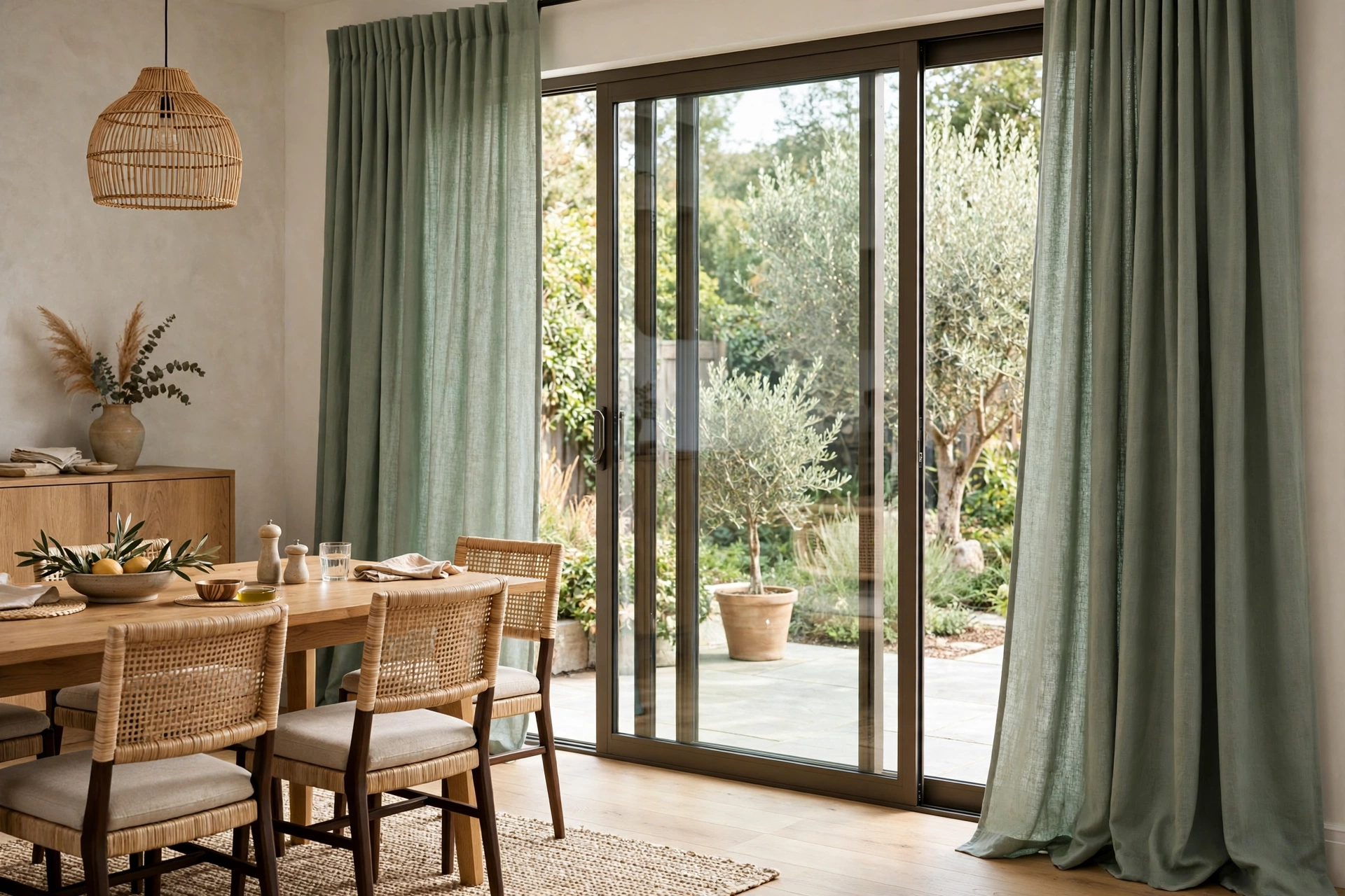 Long curtains at a wide sliding door